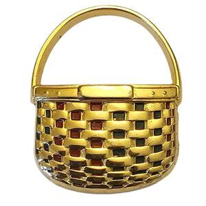 Longaberger Gold Tone Basket Brooch Red Green Enamel Pin, Signed